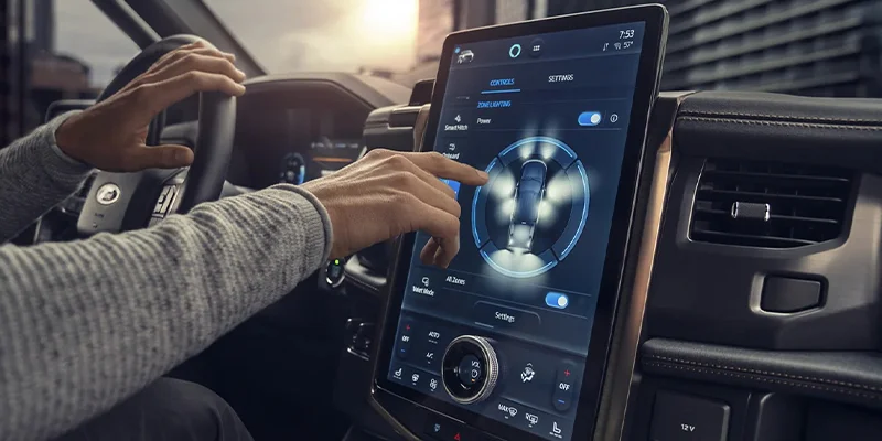 Close up view of the iPad pro style touch screen equipped in the brand new 2023 Ford F-150 Lightening.