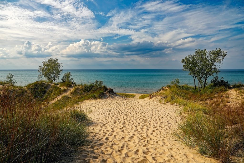 Pictured is a beautiful sandy path going between sand dunes covered with lush tall grass and smaller trees.