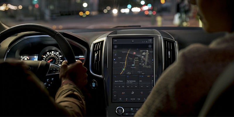 close up of the new 2023 Ford Edge dash showcasing the 8 inch touch screen and its luxury technology features.